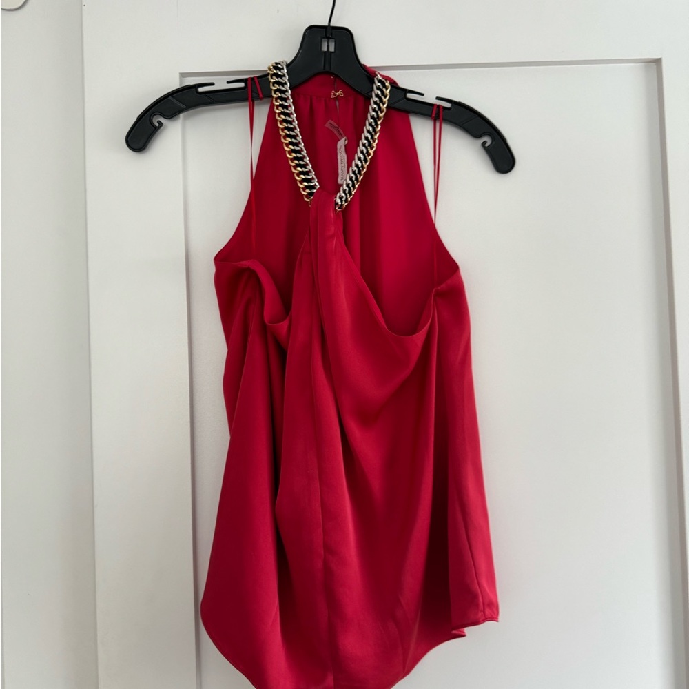 Ramy Brook Silk Red top with halter gold/black chain. Size: Small